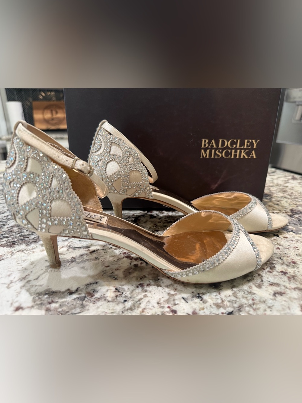 Badgley Mischka Champagne Crystal-Embellished Open-Toe Heels